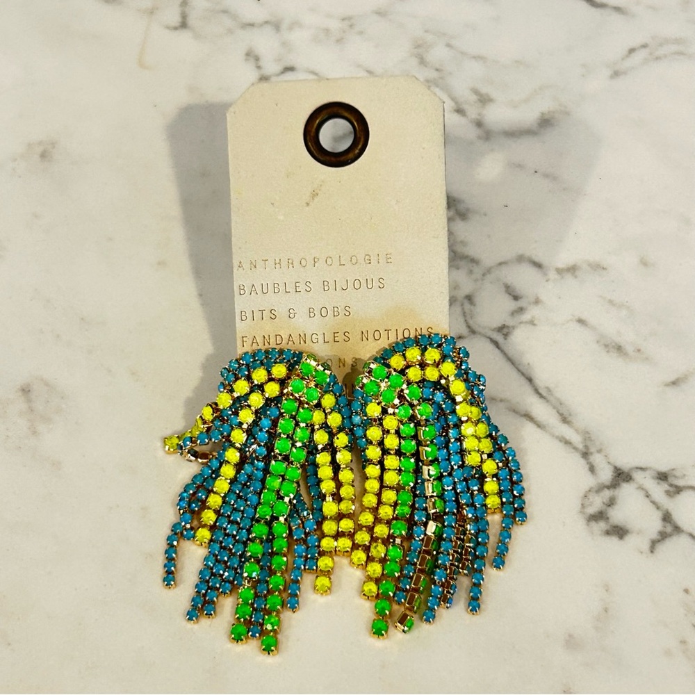 NWT Anthropologie Firework‎ Rhinestone Green Yellow Blue Dangle Earrings